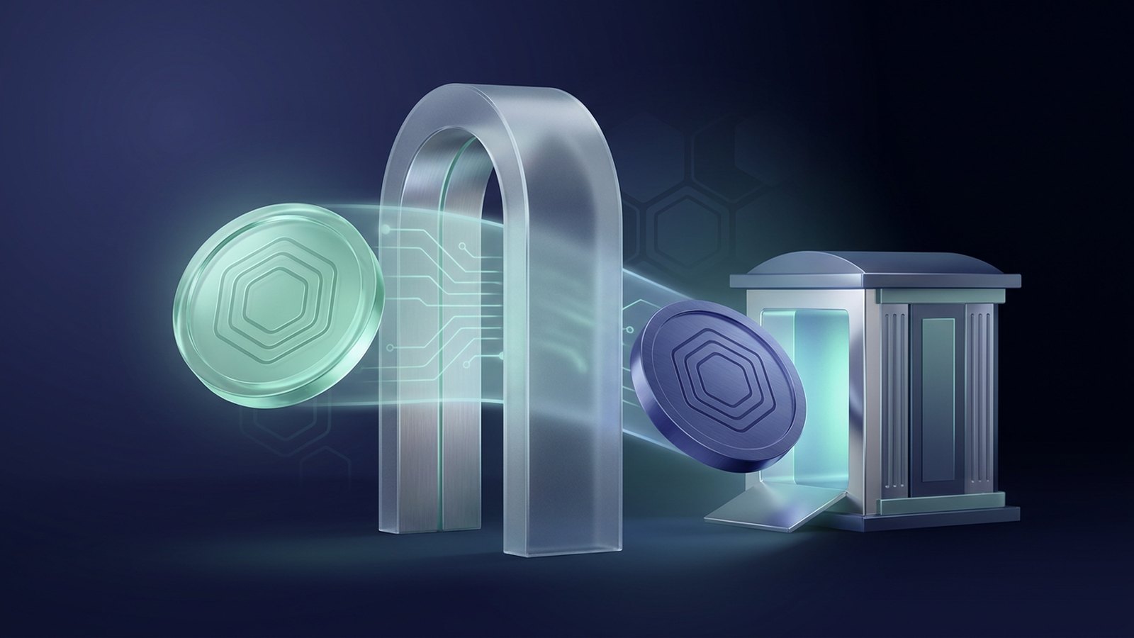 A mint-colored coin passing through a glass gateway and emerging as an indigo coin inside a bank-shaped vault