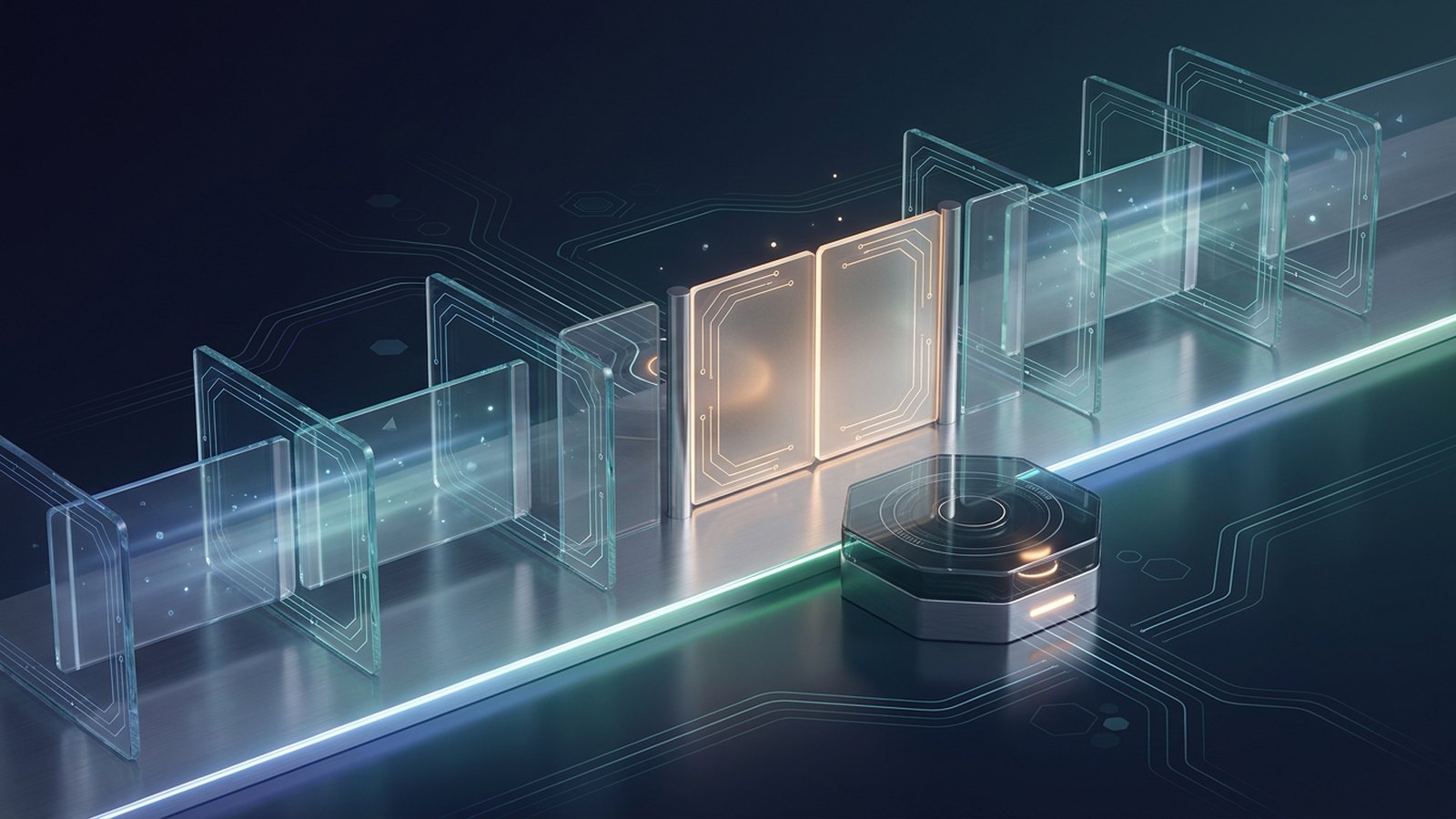 A row of glass gates on a glowing rail, some open and one closed, beside a hexagonal control module