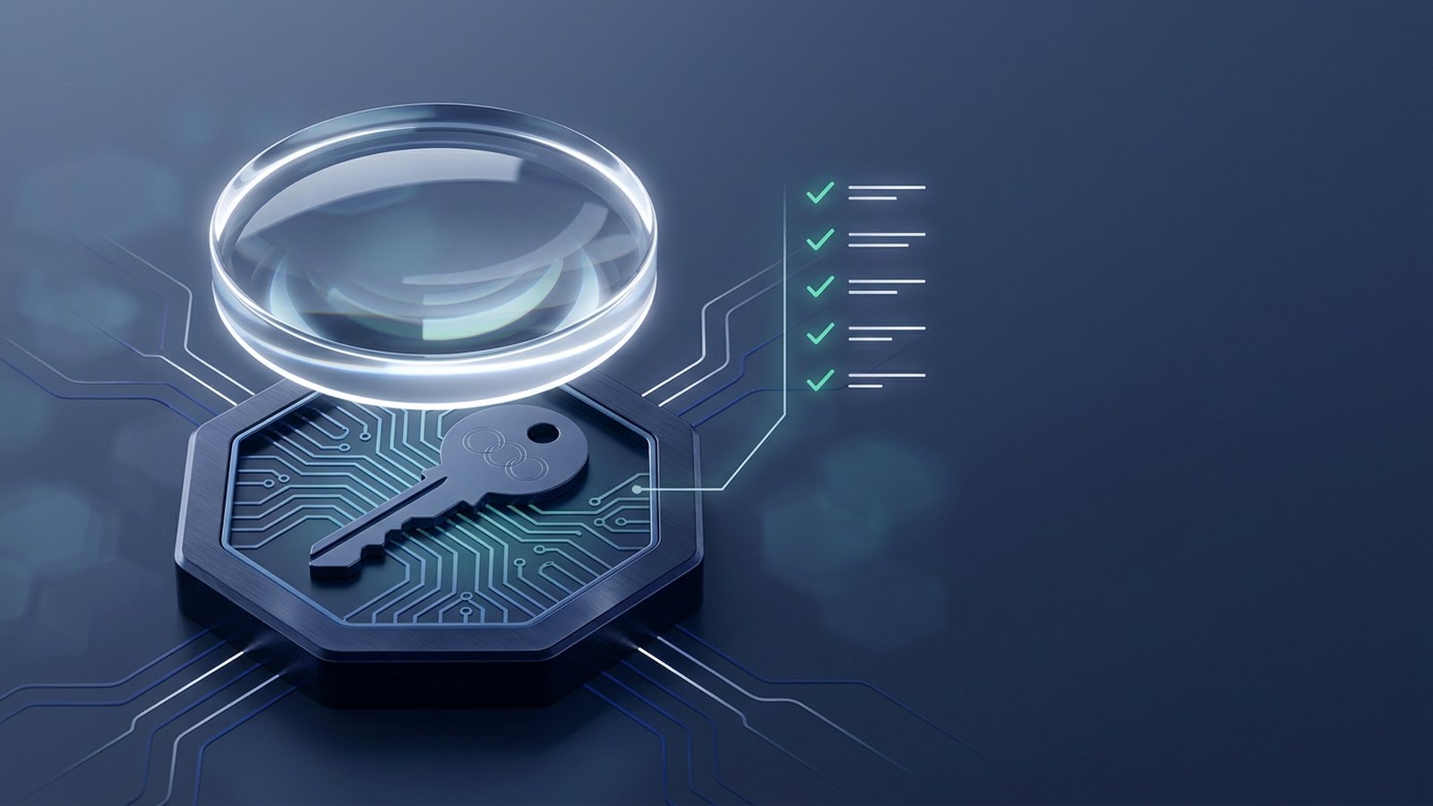 A magnifying lens over a hexagonal key module with a checklist of glowing lines