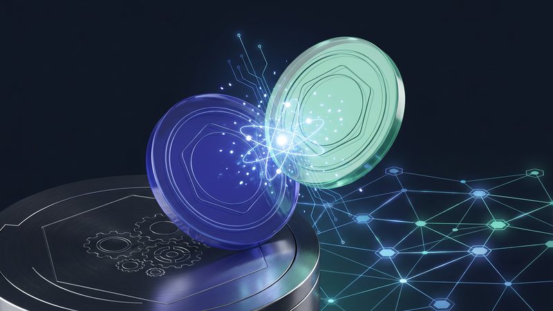 Two interlocking coins, indigo and mint, joined by an atomic spark