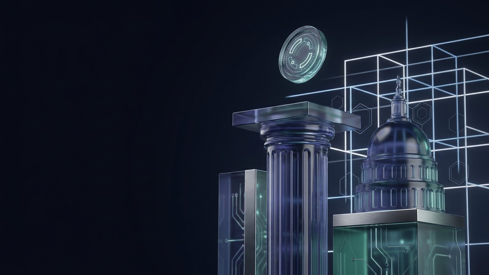 Glass column and Capitol dome beside a glowing ledger grid