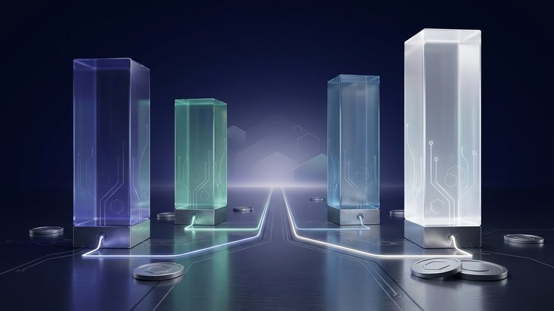 Four glass pillars of different heights connected by a single line of light