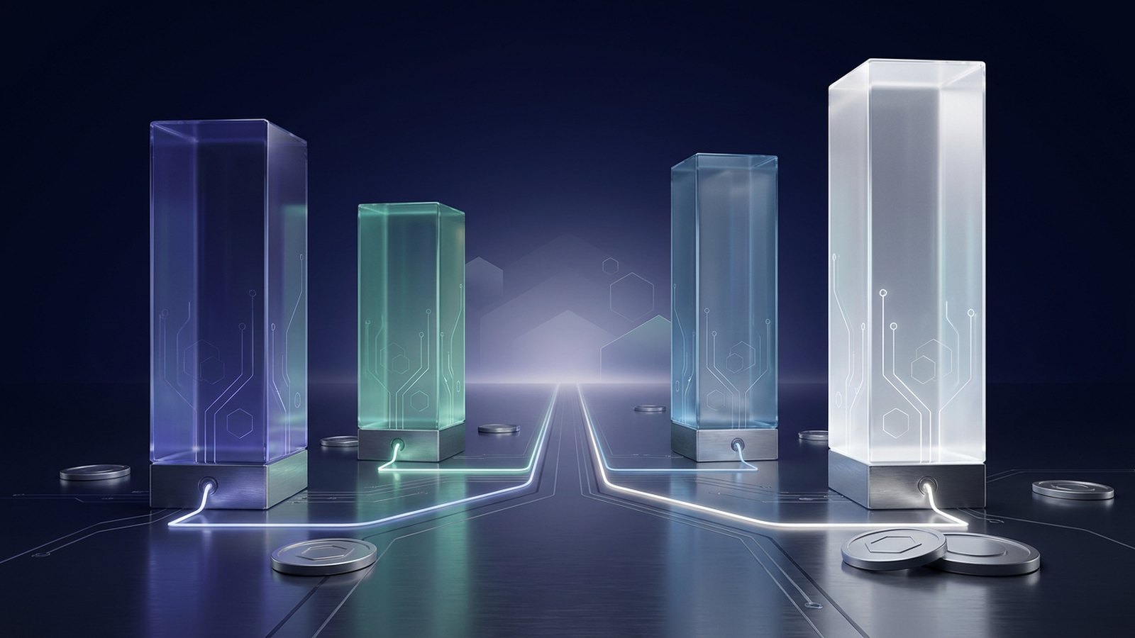 Four glass pillars of different heights connected by a single line of light