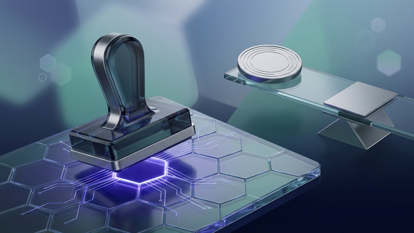 A heavy glass seal pressed onto a ledger of hexagonal cells, with a plain coin held in balance beside it