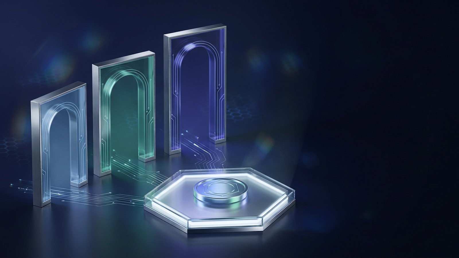 Three glass doorways leading to a single lit hexagonal platform holding a plain coin