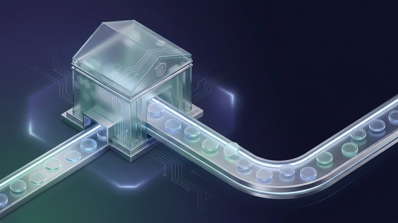 Plain coins flowing out of a glass bank building while others return along a glowing channel