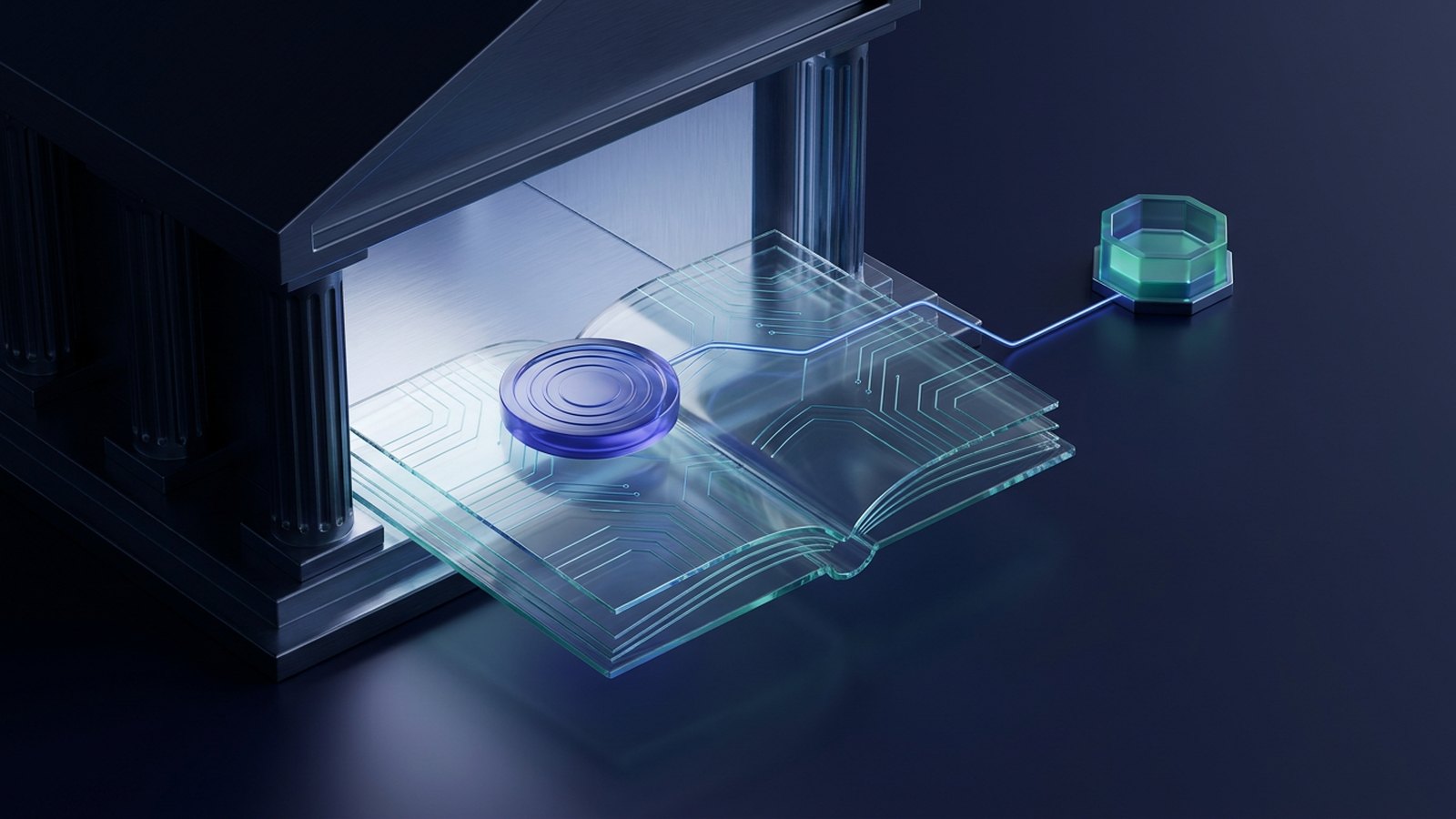A plain indigo coin resting on an open glass ledger book inside a bank-shaped vault, with a thin line of light to a second account